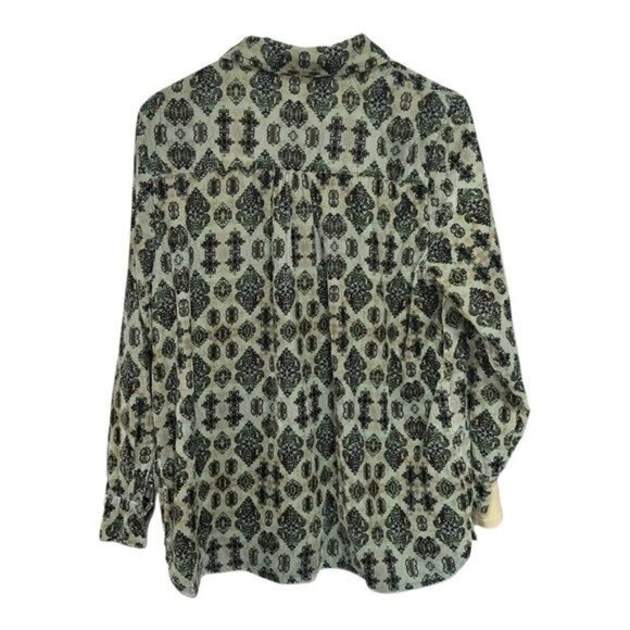 Soft Surroundings Womens Long Sleeve Bow Tie Blouse PL Green Black Retro - Picture 2 of 5